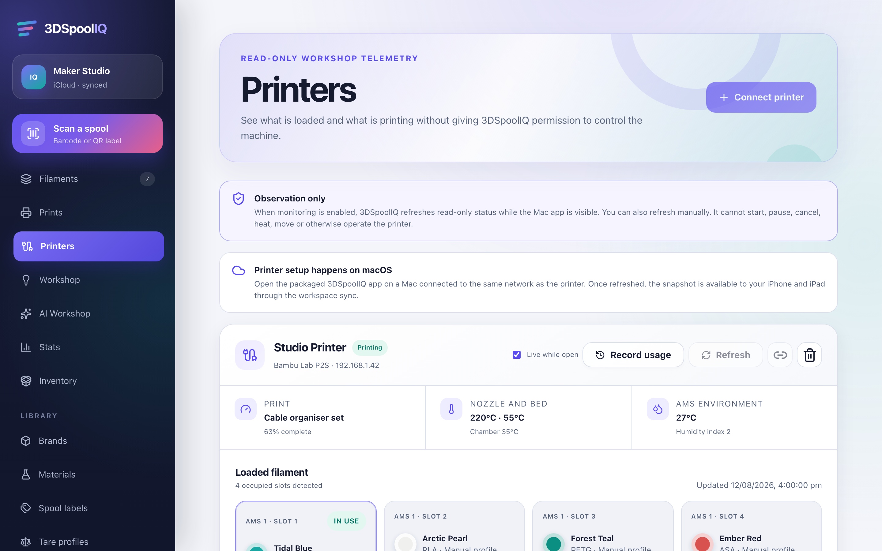 3DSpoolIQ read-only Bambu printer monitor on Mac